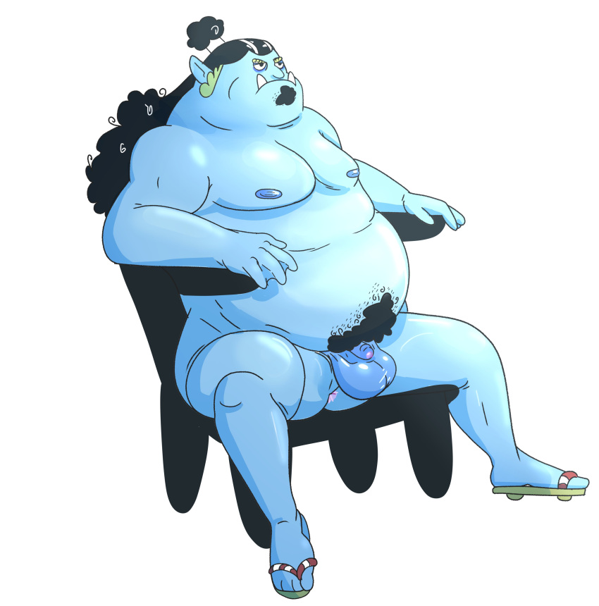 2022 absurd_res anthro balls belly blue_body chair fish-men_(one_piece) furniture genitals heathenpixel hi_res jinbe male marine moobs nipples one_piece overweight overweight_male penis pubes rabbitcretin sitting small_penis solo