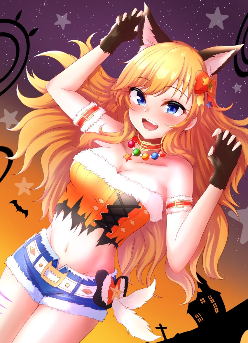 1girl arms_up ban_(puka_0507) bangs bead_necklace beads blonde_hair blue_eyes blue_shorts blush bow breasts brown_background brown_gloves collar collarbone commentary_request eyebrows_visible_through_hair fang fingerless_gloves fur-trimmed_shorts fur_trim gloves hair_bow halloween halloween_costume highres idolmaster idolmaster_cinderella_girls jewelry long_hair looking_at_viewer navel necklace official_alternate_costume ohtsuki_yui open_clothes open_mouth open_shorts orange_bow purple_background shiny_hiar shorts smile solo star_(sky) star_(symbol) stomach strapless tongue