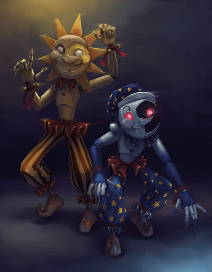 2021 absurd_res animatronic bell blue_body bottomwear clothed clothing crouching detailed duo five_nights_at_freddy's five_nights_at_freddy's:_security_breach footwear for_a_head glowing glowing_eyes grey_background grey_body grey_nose happy hat headgear headwear hi_res humanoid looking_at_viewer machine male moon moon_(fnaf) multicolored_body not_furry object_head object_humanoid pants pattern_bottomwear pattern_clothing pattern_pants pointy_nose raised_arm red_eyes robot scottgames shadow shoes simple_background smile smiling_at_viewer soulless_eyes standing star striped_bottomwear striped_clothing striped_pants stripes sun sun_(fnaf) tan_body tan_nose teeth topless topless_humanoid topless_male turntail video_games white_eyes yellow_background
