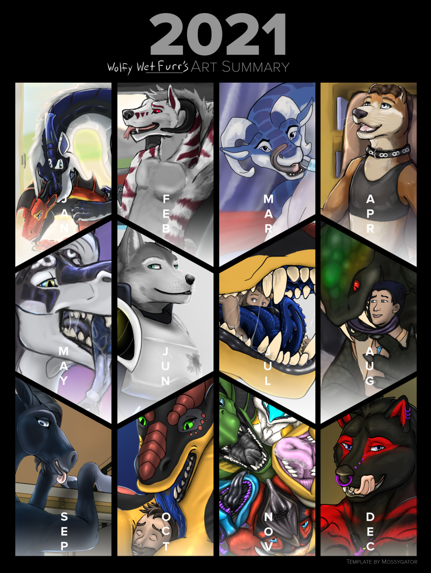 2021 anthro armor art_recap art_review art_summery avian biped bite bodily_fluids canid canine canis capcom collar demon dinosaur dragon dragonite dromaeosaurid ear_piercing ear_ring equid equine facial_piercing fanged_wyvern female feral fox girros great_girros gryphon happy hi_res horse human licking lips lutrine male mammal messy_kiss monster_hunter mouth_shot mustelid mythological_avian mythology nintendo nose_piercing nose_ring open_mouth piercing pok&eacute;mon pok&eacute;mon_(species) quadruped reptile saliva scalie sergal synth theropod tongue tongue_out video_games vore wolf wolfywetfurr_(artist)