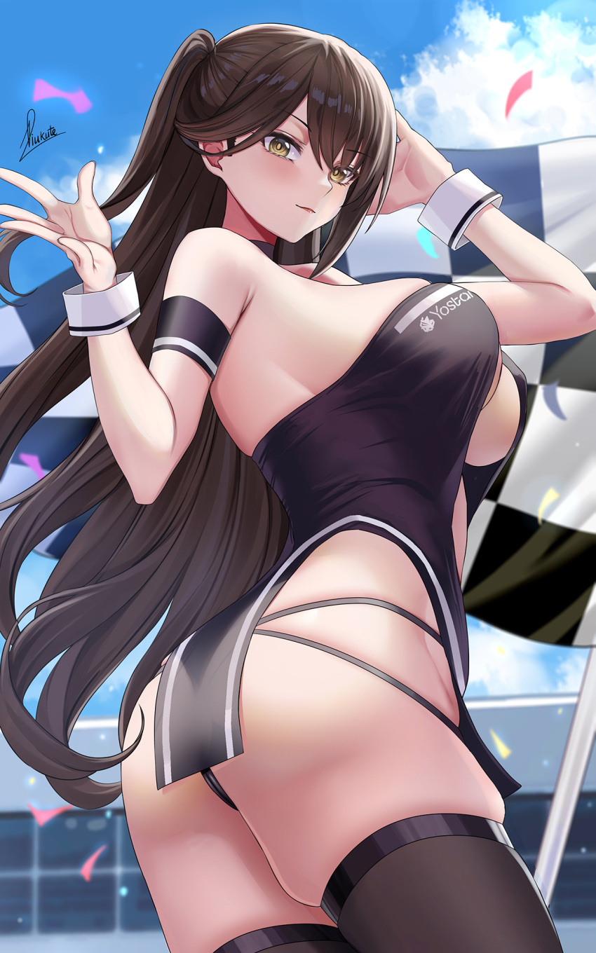 1girl armband ass azur_lane bangs bare_shoulders black_legwear blue_sky blush breasts brown_hair checkered_flag closed_mouth confetti flag floating_hair hands_up highres large_breasts long_hair looking_at_viewer official_alternate_costume one_side_up piukute062 race_queen side_ponytail sideboob signature skindentation sky solo thighhighs thighs wrist_cuffs yellow_eyes zuikaku_(azur_lane) zuikaku_(the_wind's_true_name)_(azur_lane)