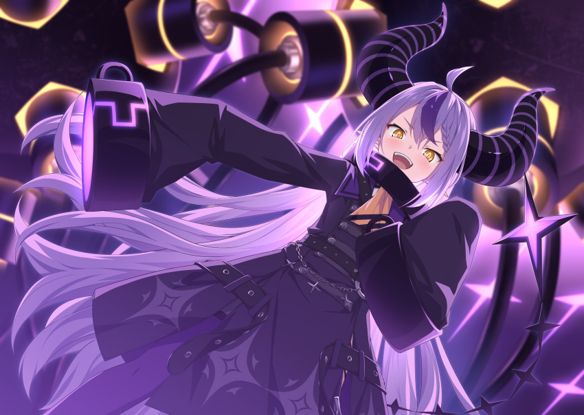 1girl :d absurdres ahoge ascot bangs black_dress blush collar commentary_request demon_horns dress eyebrows_visible_through_hair highres hololive horns la+_darknesss long_hair long_sleeves looking_at_viewer metal_collar multicolored_hair pointy_ears purple_hair purple_legwear silver_hair single_thighhigh sleeves_past_fingers sleeves_past_wrists smile solo streaked_hair tail tail_raised thighhighs ugume very_long_hair virtual_youtuber wide_sleeves yellow_ascot yellow_eyes