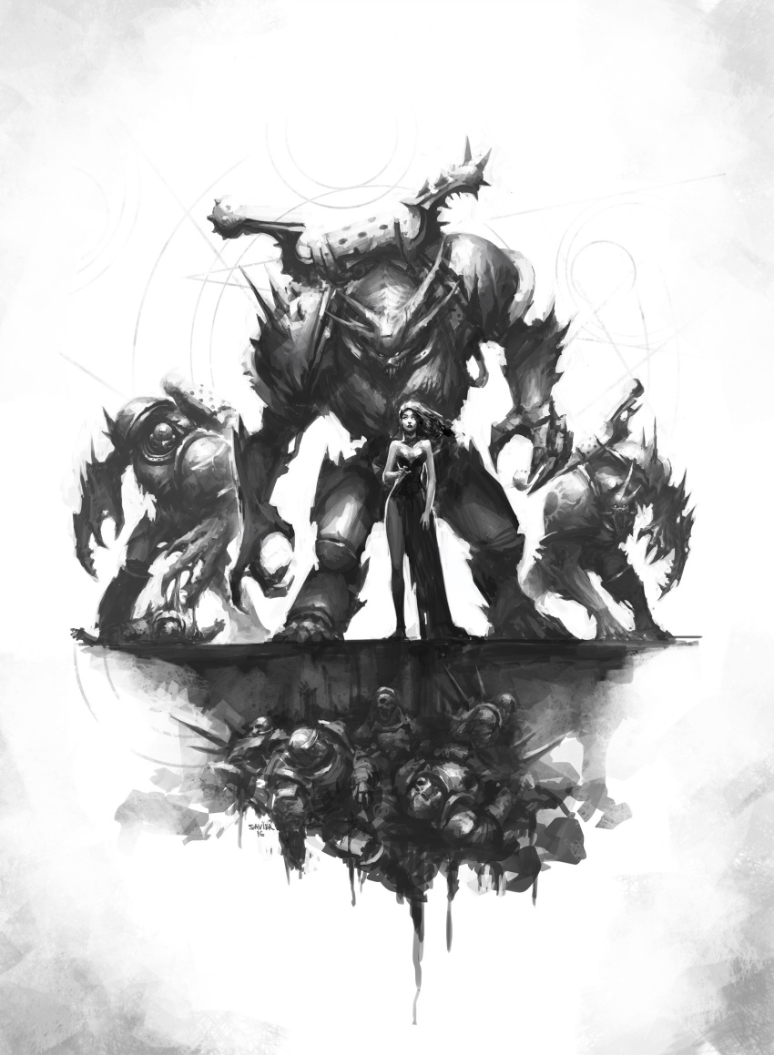 1girl absurdres armor artist_name bare_shoulders black_dress black_hair black_lips breasts chaos_(warhammer) character_request cleavage corpse dress full_armor greyscale height_difference helmet highres looking_at_viewer mikhail_savier monochrome monster multiple_others parted_lips shoulder_armor simple_background sleeveless sleeveless_dress source_request standing warhammer_40k wide_shot wind