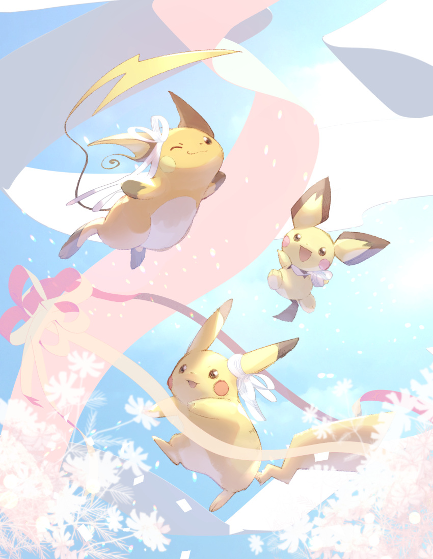 :d ;) closed_mouth commentary_request evolutionary_line happy highres one_eye_closed open_mouth pichu pikachu pikatiu pokemon raichu ribbon smile white_ribbon
