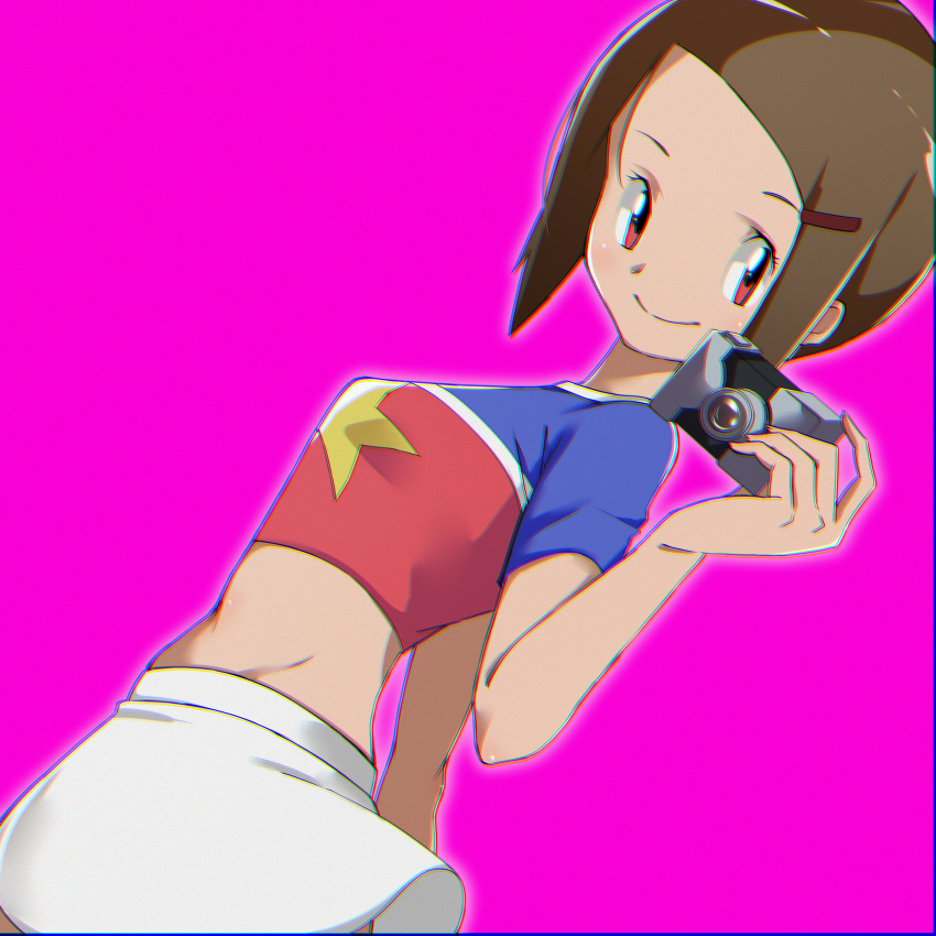 1girl absurdres arm_behind_back breasts brown_hair camera chromatic_aberration cosplay crop_top digimon digimon_adventure digimon_adventure_02 dutch_angle groin hair_ornament hairclip highres holding holding_camera miniskirt pakotaroh pink_background pink_eyes short_hair short_sleeves simple_background skirt small_breasts smile solo split_mouth star_(symbol) star_print tachikawa_mimi tachikawa_mimi_(cosplay) white_skirt yagami_hikari