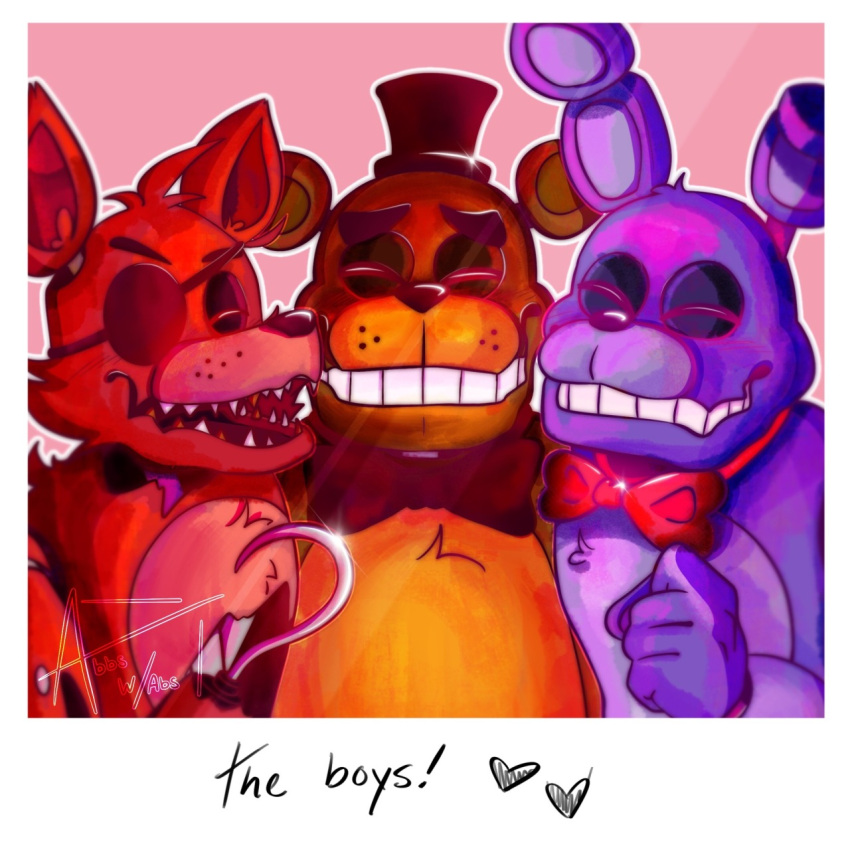 ! &lt;3 2021 abbswithabs animatronic anthro black_nose blush bonnie_(fnaf) bow_tie brown_body brown_ears brown_fur canid canine close-up english_text eye_patch eyes_closed eyewear fist five_nights_at_freddy's fox foxy_(fnaf) freddy_(fnaf) fur group happy hi_res hook hook_hand lagomorph leporid long_ears machine male mammal multicolored_body multicolored_fur open_mouth photo pink_background pirate portrait purple_body purple_ears purple_fur rabbit raised_arm red_body red_ears red_fur robot scottgames sharp_teeth simple_background smile teeth text torn_arm torn_body two_tone_body two_tone_fur ursid video_games