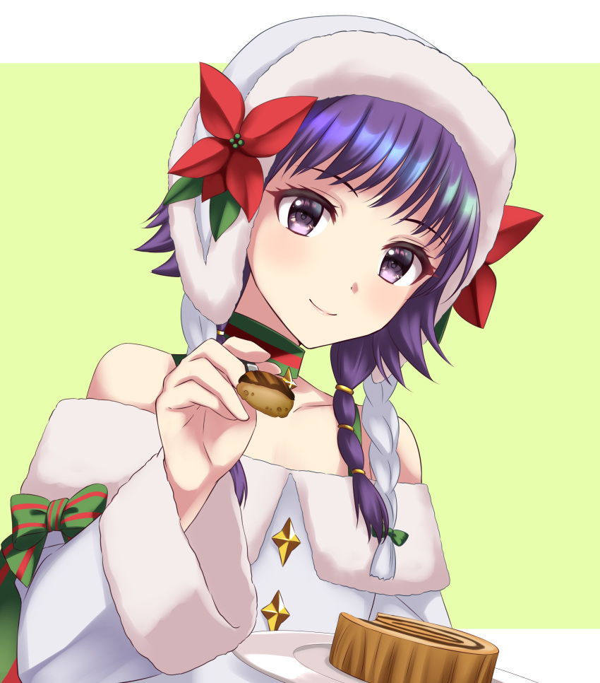 1girl absurdres alternate_costume bangs bare_shoulders cake cake_slice choker christmas fire_emblem fire_emblem:_the_sacred_stones fire_emblem_heroes flower food fork fur_trim hat highres holding holding_fork holding_plate kakiko210 long_sleeves looking_at_viewer low_twintails lute_(fire_emblem) off_shoulder official_alternate_costume plate purple_eyes purple_hair red_flower ribbon smile solo twintails upper_body white_headwear wide_sleeves