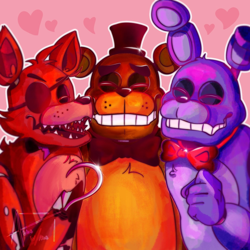 &lt;3 2021 abbswithabs animatronic anthro black_nose blush bonnie_(fnaf) bow_tie brown_body brown_ears brown_fur canid canine close-up eye_patch eyes_closed eyewear fist five_nights_at_freddy's fox foxy_(fnaf) freddy_(fnaf) fur group happy hi_res hook hook_hand lagomorph leporid long_ears machine male mammal multicolored_body multicolored_fur open_mouth pink_background pirate portrait purple_body purple_ears purple_fur rabbit raised_arm red_body red_ears red_fur robot scottgames sharp_teeth simple_background smile teeth torn_arm torn_body two_tone_body two_tone_fur ursid video_games