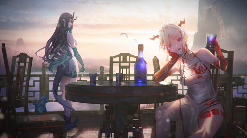 2girls aqua_hair aqua_skin arknights bird black_hair bottle breasts chair china_dress chinese_clothes colored_skin cup dragon_girl dragon_horns dress drinking_glass dusk dusk_(arknights) gradient_hair gyoukan_(jfxc) head_rest highres holding holding_cup horns leg_tattoo multicolored_hair multicolored_skin multiple_girls nian_(arknights) nian_(unfettered_freedom)_(arknights) official_alternate_costume open_mouth pointy_ears purple_eyes red_eyes red_hair red_skin shoes sleeveless sleeveless_dress standing streaked_hair table tail tattoo white_dress white_hair wine_bottle