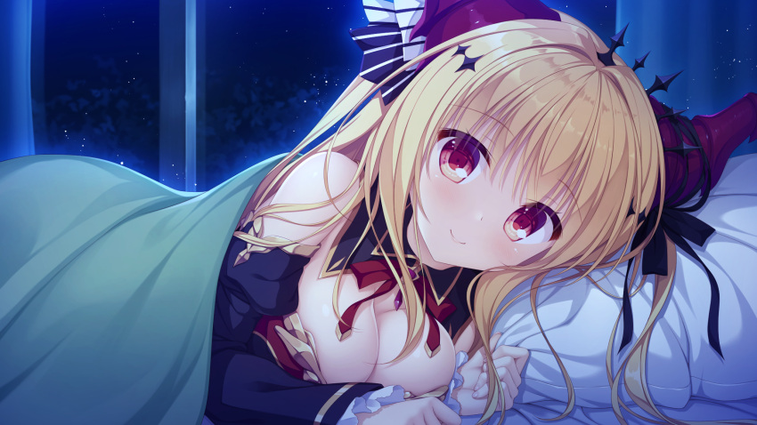 1girl bangs bed_sheet bedroom black_bow black_ribbon black_sleeves blonde_hair bow breasts cleavage closed_mouth detached_collar detached_sleeves diadem dragon_horns drapri_guu-ta-life eyebrows_visible_through_hair game_cg hair_between_eyes hair_bow hair_ribbon haru_(drapri_guu-ta-life) highres horns large_breasts long_hair long_sleeves looking_at_viewer neck_ribbon night on_bed pillow red_eyes red_horns red_ribbon ribbon shiny shiny_hair smile solo striped striped_bow takano_yuki_(allegro_mistic) under_covers white_bow