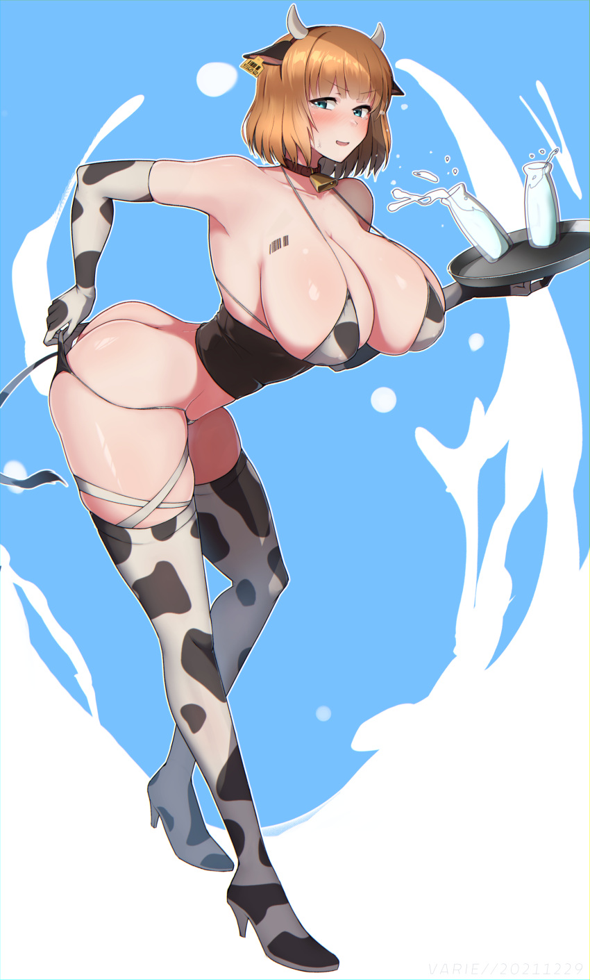 1girl absurdres animal_ears animal_print ass barcode bell bikini blue_eyes blush bottle brave_witches breasts brown_hair butt_crack collar collarbone covered_nipples cow_ears cow_horns cow_print cow_tail elbow_gloves eyebrows_visible_through_hair fake_animal_ears fake_horns fake_tail gloves gundula_rall highres horns large_breasts looking_at_viewer micro_bikini milk milk_bottle neck_bell open_mouth shiny shiny_hair shiny_skin short_hair skindentation solo swimsuit tail thighhighs varie7k world_witches_series