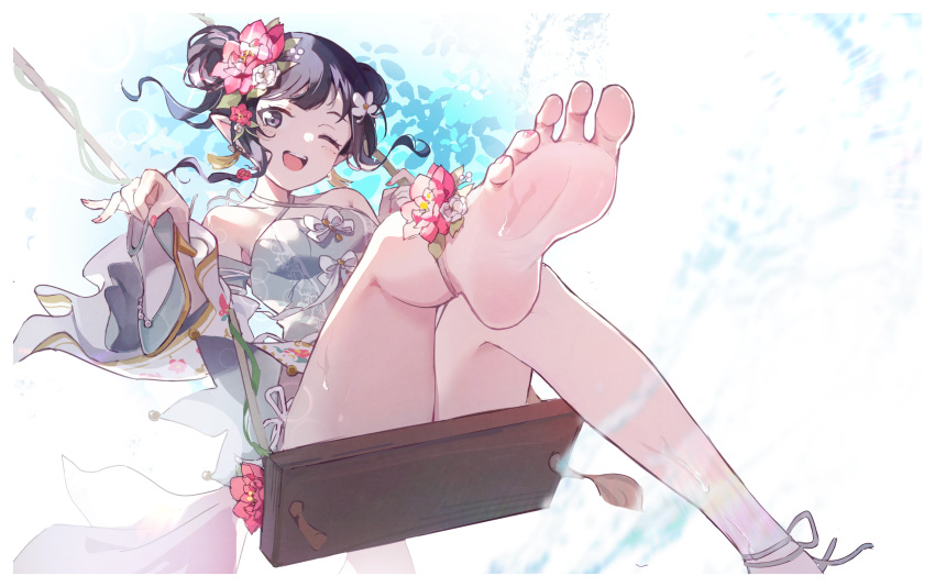 1girl absurdres anklet bare_shoulders barefoot black_eyes black_hair detached_sleeves flower hair_flower hair_ornament highres jewelry love_live! love_live!_nijigasaki_high_school_idol_club luelue_zi nail_polish one_eye_closed open_mouth pointy_ears short_hair smile soles solo swing_set toenail_polish toenails toes yuuki_setsuna_(love_live!)