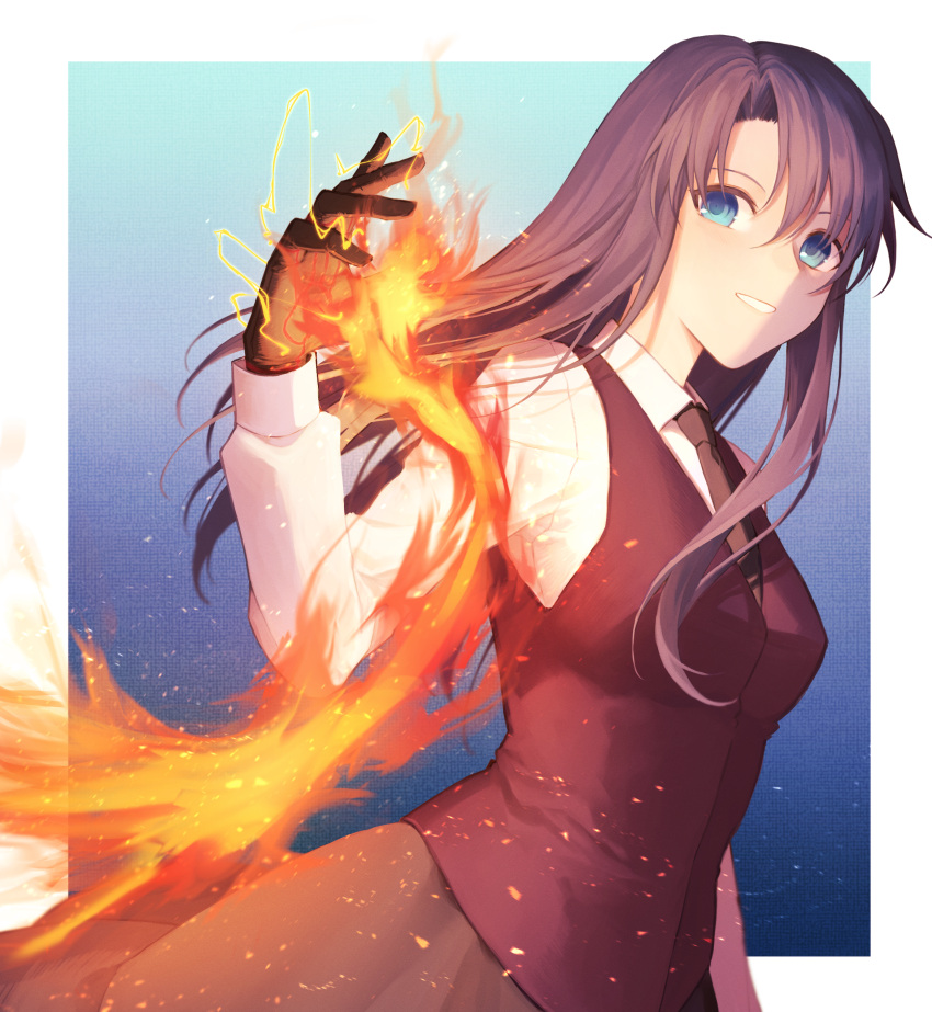 1girl absurdres bangs black_gloves black_necktie blue_background blue_eyes border brown_hair brown_skirt collared_shirt fire floating_hair gloves grin hair_between_eyes hair_intakes highres kara_no_kyoukai kokutou_azaka long_hair long_skirt looking_at_viewer necktie outside_border red_vest shirt skirt smile solo straight_hair suzuna_(fkpw5754) vest white_border white_shirt wing_collar