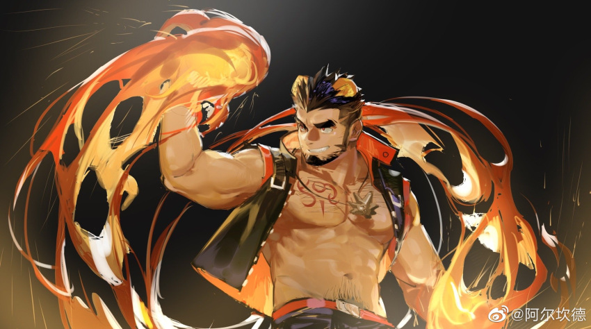 1boy abs alca animal_ears artist_request bara bare_pectorals bare_shoulders beard black_hair chest_hair chest_tattoo facial_hair fighting_stance flaming_hand gyee highres lion_boy lion_ears male_focus mature_male muscular muscular_male navel navel_hair original pectorals short_hair sleeveless sleeveless_jacket smile solo stomach tattoo thick_eyebrows undercut unfinished