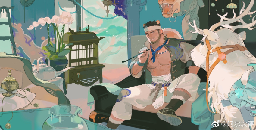 1boy abs alca animal animal_ears atcesolcyc bara bare_pectorals beard black_hair bull chinese_clothes chinese_zodiac commission facial_hair foot_out_of_frame gyee headband highres holding holding_pipe jacket large_pectorals lion_boy lion_ears male_focus mature_male muscular muscular_male nipples open_clothes open_jacket original pants pectorals pelvic_curtain pipe red_eyes second-party_source short_hair sideburns smile solo stomach stubble thick_eyebrows undercut white_pants year_of_the_ox