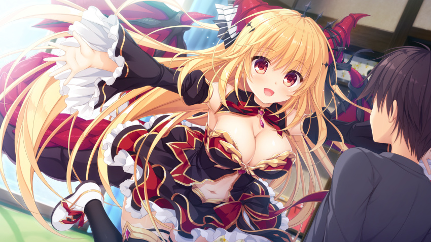 1boy 1girl :d bangs black_legwear black_sleeves blonde_hair blurry blurry_background blush breasts brown_hair cleavage detached_sleeves diadem dragon_horns dragon_tail dragon_wings drapri_guu-ta-life eyebrows_visible_through_hair floating_hair game_cg grey_shirt hair_between_eyes haru_(drapri_guu-ta-life) highres horns indoors large_breasts layered_skirt long_hair long_sleeves midriff miniskirt miyamoto_takeru navel outstretched_arms red_eyes red_wings shiny shiny_hair shirt short_hair skirt smile stomach tail takano_yuki_(allegro_mistic) thighhighs very_long_hair white_footwear wide_sleeves wings