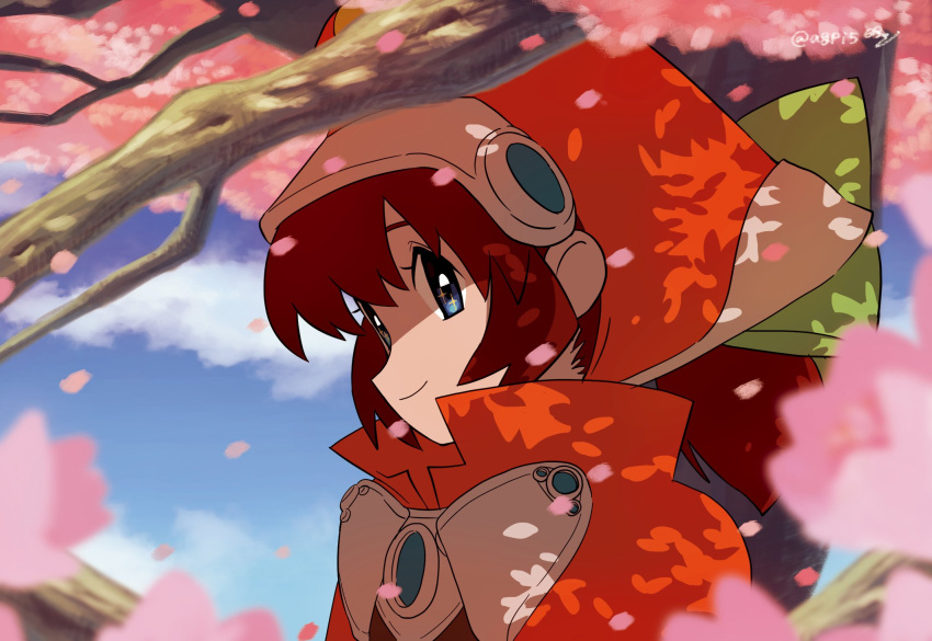 1girl blue_eyes bow brown_hair cape cherry_blossoms closed_mouth flower hat highres long_hair looking_at_viewer marguerite_fatima orange_headwear piko_han smile solo tree xenogears