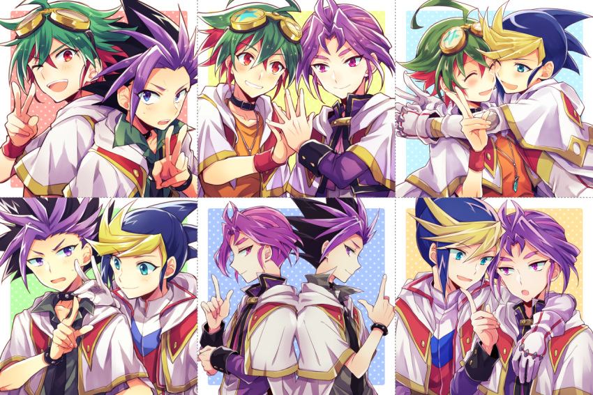 &gt;_o 4boys :o ^_^ arm_around_shoulder arms_around_neck back-to-back bangs black_hair blonde_hair blue_eyes blue_hair borrowed_garments closed_eyes collage collar commentary_request forked_eyebrows gloves goggles goggles_on_head green_hair half-closed_eyes hand_on_another's_chin hug index_finger_raised jewelry mikami_(mkm0v0) multicolored_hair multiple_boys necklace one_eye_closed purple_eyes purple_hair red_eyes red_hair sakaki_yuuya simple_background smile spiked_collar spiked_hair spikes two-tone_hair upper_body v white_gloves yu-gi-oh! yu-gi-oh!_arc-v yuugo_(yu-gi-oh!) yuuri_(yu-gi-oh!) yuuto_(yu-gi-oh!)