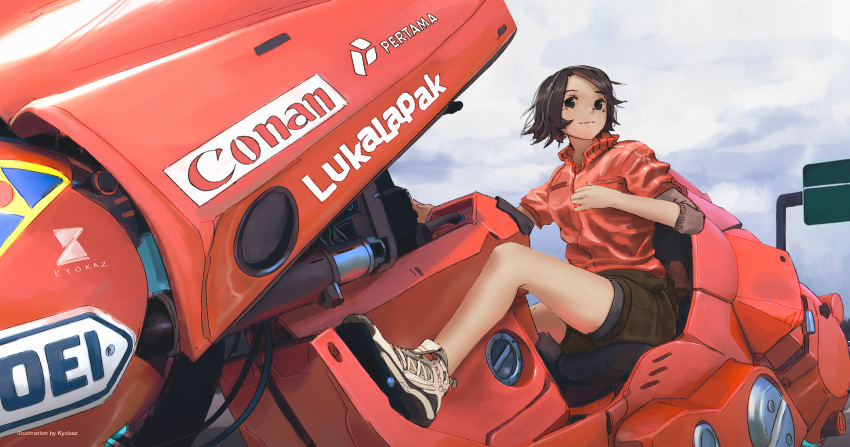 1girl akira bare_legs black_shorts brown_eyes brown_hair closed_mouth cloud cloudy_sky commentary english_commentary faiz_azhar full_body ground_vehicle highres jacket kaneda_shoutarou's_bike layered_sleeves light_smile long_sleeves looking_at_viewer motor_vehicle motorcycle original red_jacket riva_isamu shoes short_hair short_over_long_sleeves short_sleeves shorts sky sneakers solo white_footwear