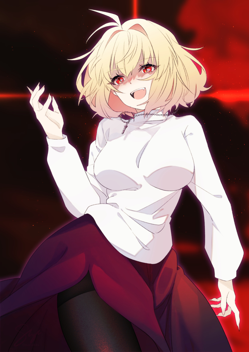 1girl ahoge antenna_hair arcueid_brunestud bangs black_legwear blonde_hair breasts dark_persona fang fangs fingernails hair_intakes highres impossible_clothes impossible_sweater large_breasts long_fingernails long_skirt long_sleeves melty_blood melty_blood:_type_lumina open_mouth pantyhose purple_skirt red_arcueid red_clouds red_eyes sharp_fingernails short_hair skirt slit_pupils smile solo suzuakks sweater tsukihime tsukihime_(remake) turtleneck vampire