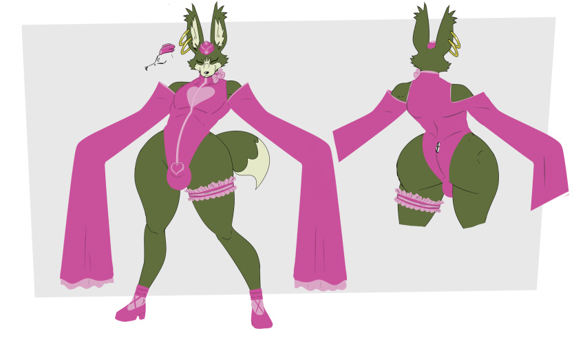 &lt;3 2021 a-side anthro armwear bow_tie bulge butt canid canine clothing ear_piercing elbow_gloves fox front_view gloves handwear hat headgear headwear hi_res high_heels legband majora_(dragon_ball) male mammal piercing pink_clothing rear_view smile solo