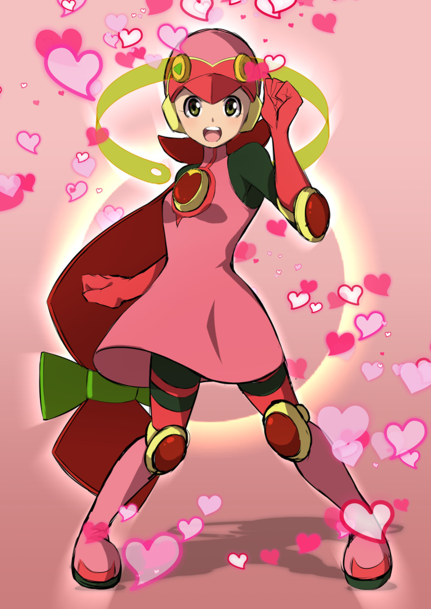 1girl :d boots breasts dress elbow_gloves full_body gloves gradient gradient_background green_eyes green_ribbon hair_ribbon heart helmet highres knee_boots knee_pads legs_apart long_hair looking_at_viewer low-tied_long_hair mayl_sakurai_(mega_man) mega_man_(series) mega_man_battle_network open_mouth pakotaroh pink_dress pink_footwear pink_headwear red_gloves red_hair ribbon roll.exe_(mega_man) shadow sleeveless sleeveless_dress small_breasts smile solo standing teeth turtleneck_dress very_long_hair