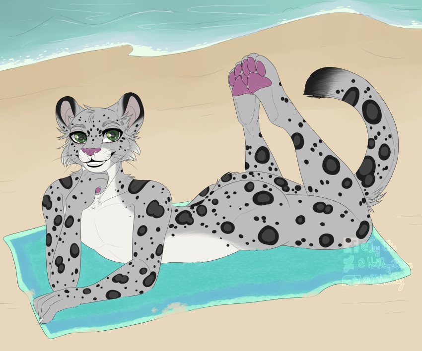 anime_eyes anthro beach beach_towel blvejay felid green_eyes hi_res male mammal nekoeko nude pantherine pawpads sand seaside snow_leopard solo towel water wave