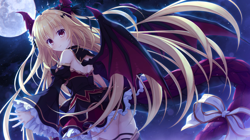 1girl bangs black_dress black_ribbon black_sleeves blonde_hair bow closed_mouth cowboy_shot detached_collar detached_sleeves diadem dragon_horns dragon_tail dragon_wings drapri_guu-ta-life dress eyebrows_visible_through_hair floating_hair frilled_sleeves frills full_moon game_cg hair_between_eyes hair_ribbon haru_(drapri_guu-ta-life) highres horns long_hair long_sleeves looking_at_viewer moon red_eyes red_wings ribbon short_dress sky sleeveless sleeveless_dress smile solo standing star_(sky) starry_sky tail tail_bow tail_ornament takano_yuki_(allegro_mistic) very_long_hair white_bow wide_sleeves wings