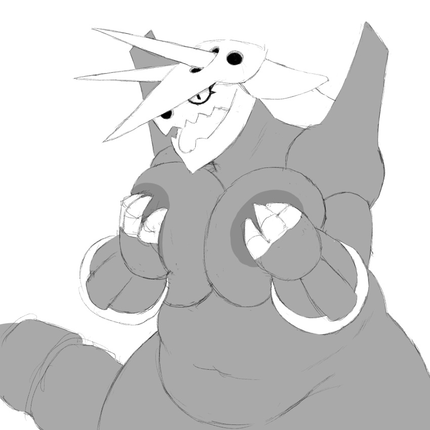 aggron anthro big_breasts breasts chubby_female covering covering_breasts female grey_body hi_res horn humanoid interspecies muffin_top nintendo nipple_outline nipples pok&eacute;mon pok&eacute;mon_(species) pok&eacute;philia rawhell sharp_teeth slightly_chubby solo tail teeth thick video_games wide_hips