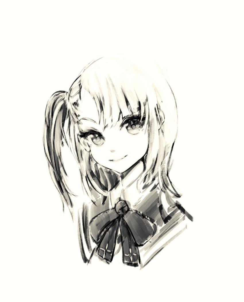 1girl absurdres bangs bow collared_shirt cropped_torso english_commentary eyebrows_behind_hair greyscale hair_behind_ear head_tilt highres looking_at_viewer medium_hair merpperoni monochrome pengin_pina portrait prism_project shirt side_ponytail sketch smile solo virtual_youtuber white_background