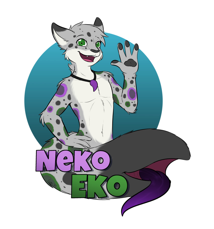 4_fingers absurd_res anthro badge felid fingers giru glowing glowing_markings green_eyes green_markings happy hi_res jewelry male mammal markings necklace nekoeko pantherine purple_markings purple_tongue snow_leopard solo tail_mouth tongue unusual_anatomy unusual_tail