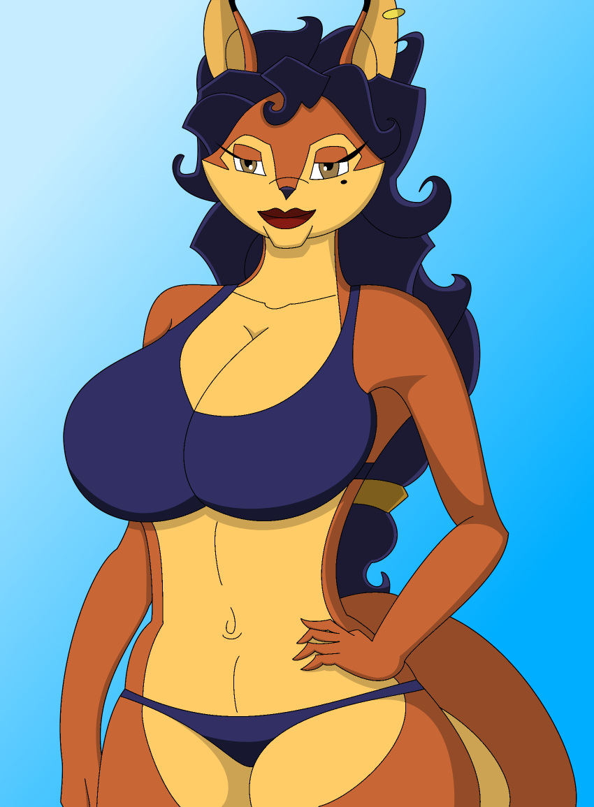 anthro beauty_mark bikini breasts canid canine carmelita_fox cleavage clothed clothing female fox hair hi_res lips lipstick lucedo makeup mammal sly_cooper_(series) solo sony_corporation sony_interactive_entertainment sucker_punch_productions swimwear video_games