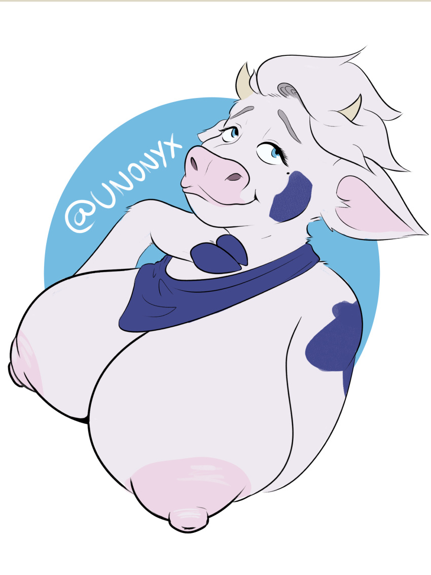 absurd_res anthro big_breasts blue_body blue_eyes blue_fur bovid bovine breasts bust_portrait cattle female fur hi_res hooves lactaid lactaid_cow mammal mascot nipples pink_nose portrait smug solo unonyx white_body