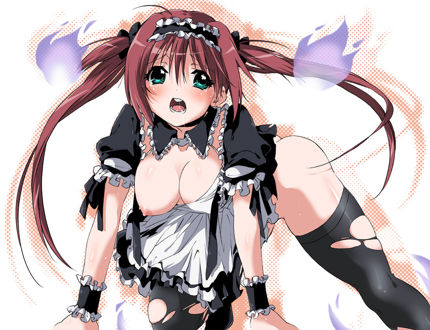 airi_(queen's_blade) all_fours blush breast_slip breasts green_eyes highres kasuga_souichi large_breasts long_hair maid nipples one_breast_out open_clothes queen's_blade red_hair saliva solo tears thighhighs torn_clothes torn_legwear twintails