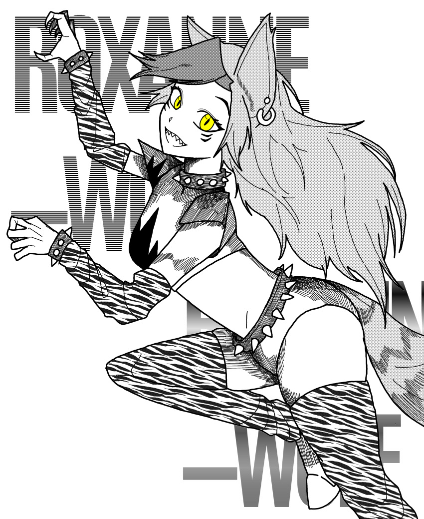 absurd_res animal_ears animal_humanoid anime_eyes arm_warmers armwear background_text belt black_and_white bottomwear bracelet breasts canid canine canis claws clothing collar comic crop_top darudaru ear_piercing facial_markings fangs female five_nights_at_freddy's five_nights_at_freddy's:_security_breach greyscale hair head_markings hi_res hotpants humanoid jewelry leg_warmers legwear long_hair looking_at_viewer mammal manga markings midriff monochrome not_furry piercing roxanne_wolf_(fnaf) scottgames shirt shorts small_breasts smile smiling_at_viewer solo spiked_belt spiked_bracelet spiked_collar spikes text topwear video_games wolf yellow_eyes