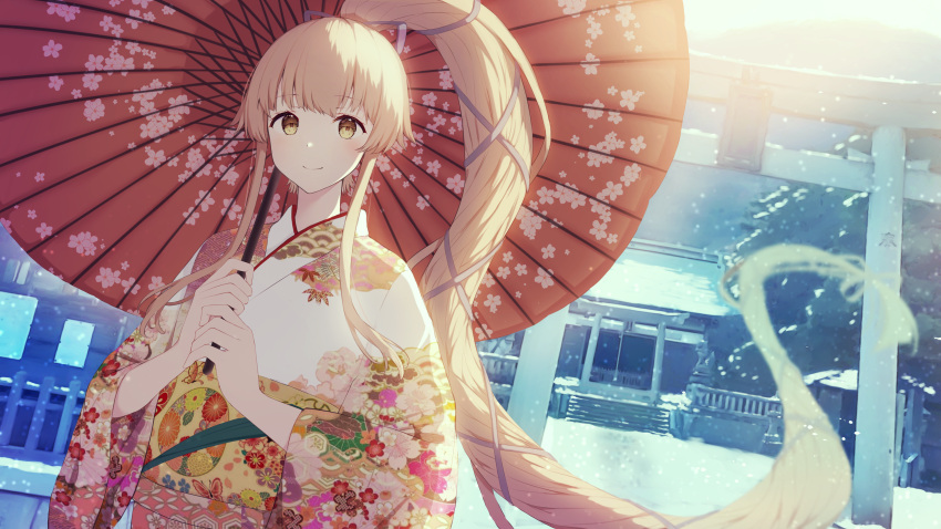 1girl absurdres closed_mouth eyebrows_visible_through_hair floral_print highres holding holding_umbrella japanese_clothes kantai_collection kimono long_hair long_sleeves multicolored_clothes multicolored_kimono obi oil-paper_umbrella pink_hair ponytail print_kimono red_umbrella remodel_(kantai_collection) sash shanghmely smile solo umbrella very_long_hair wide_sleeves yellow_eyes yura_(kancolle)