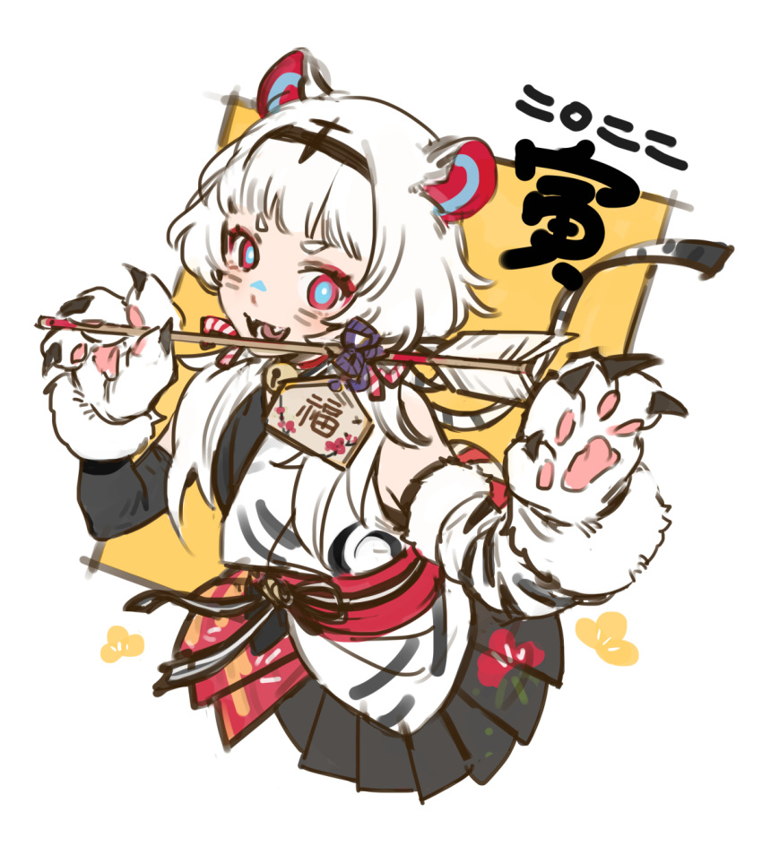 1girl animal_ears animal_hands arrow_(projectile) bangs black_skirt chinese_zodiac claw_pose cropped_torso detached_sleeves ema facepaint facial_mark fangs hamaya highres long_hair looking_at_viewer obi open_mouth original pleated_skirt sanditk_gbf sash short_eyebrows skirt solo tiger_ears tiger_paws upper_body whisker_markings white_hair year_of_the_tiger