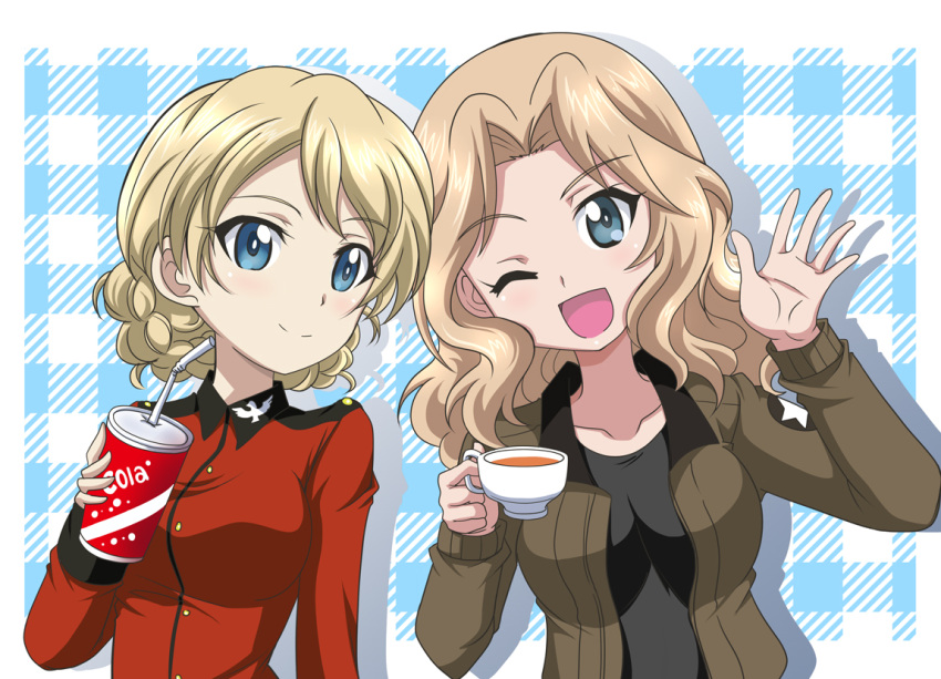 2girls ;d bangs black_shirt blonde_hair blue_background blue_eyes braid brown_jacket closed_mouth cola commentary cup darjeeling_(girls_und_panzer) disposable_cup drinking_straw emblem english_text girls_und_panzer hair_intakes hanzou holding holding_cup insignia jacket kay_(girls_und_panzer) leaning_to_the_side long_sleeves looking_at_viewer medium_hair military military_uniform multiple_girls one_eye_closed open_clothes open_jacket open_mouth plaid plaid_background red_jacket saunders_military_uniform shadow shirt short_hair side-by-side smile st._gloriana's_military_uniform star_(symbol) tea teacup tied_hair twin_braids uniform waving
