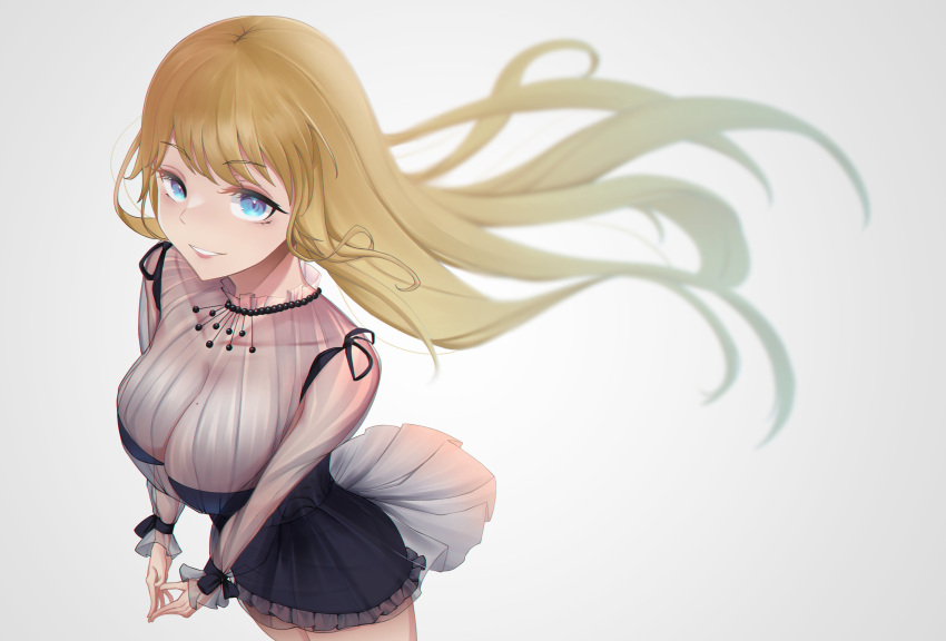 1girl absurdres black_dress blonde_hair blue_eyes breasts cleavage cojohn collarbone dress eyebrows_visible_through_hair highres hololive hololive_english large_breasts long_hair looking_at_viewer mole mole_on_breast see-through see-through_sleeves smile virtual_youtuber watson_amelia