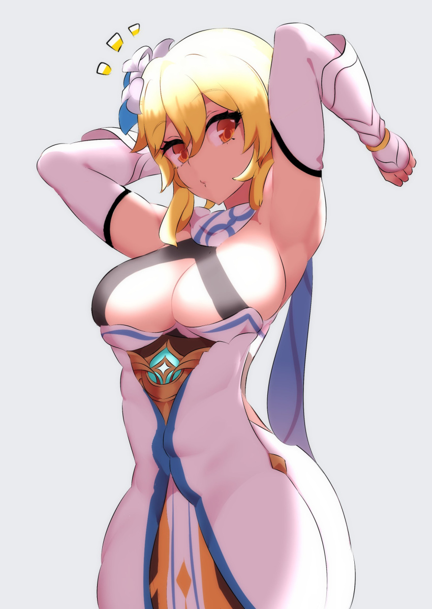 1girl absurdres bare_shoulders blonde_hair blue_background breasts closed_mouth commentary_request detached_sleeves dress genshin_impact highres large_breasts looking_at_viewer lumine_(genshin_impact) nac000 red_eyes solo thick_thighs thighs