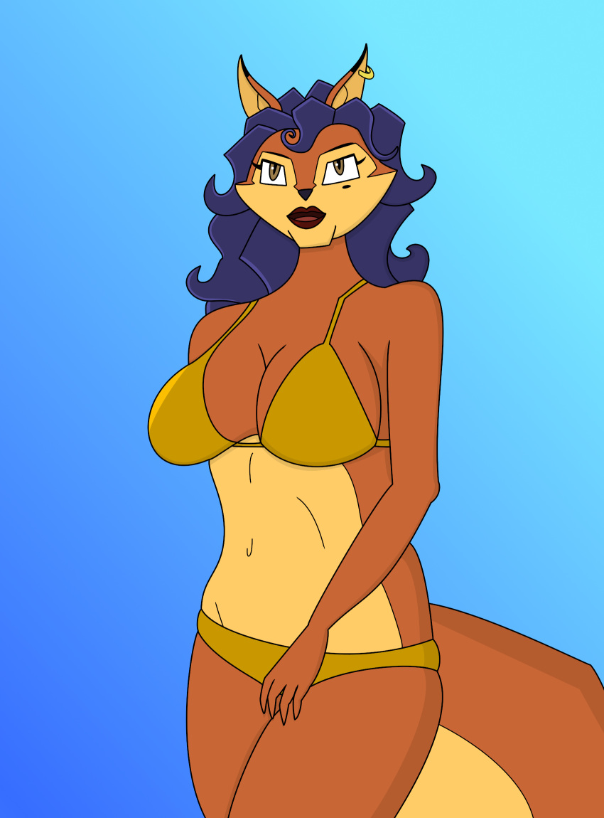 anthro beauty_mark bikini breasts canid canine carmelita_fox clothing ear_piercing ear_ring female fox hair hi_res lipstick lucedo makeup mammal piercing sly_cooper_(series) solo sony_corporation sony_interactive_entertainment sucker_punch_productions swimwear video_games