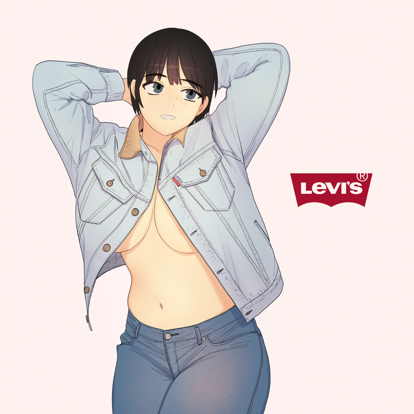 1girl arms_up black_hair blue_eyes breast_pocket breasts cleavage collarbone commentary denim denim_jacket eyebrows_visible_through_hair highres jacket jeans large_breasts levi's long_sleeves navel no_shirt original pants parted_lips plump pocket short_hair smile solo teeth thomas_hewitt upper_body