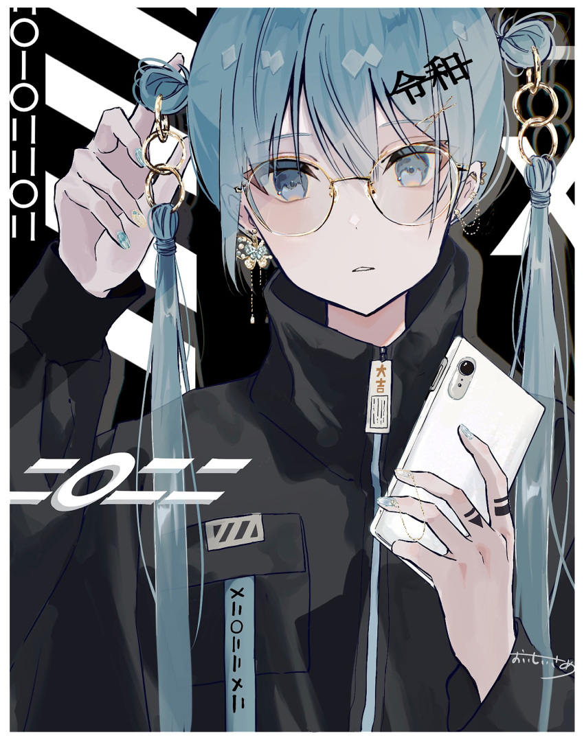 1girl 2022 aqua_nails bangs blue_eyes blue_hair cellphone commentary ear_piercing earrings eyebrows_visible_through_hair glasses hair_between_eyes happy_new_year highres holding holding_phone jewelry new_year original parted_lips phone piercing round_eyewear side_bun signature smartphone solo standing striped striped_background sutera_sea sweatshirt teeth translated twintails upper_body