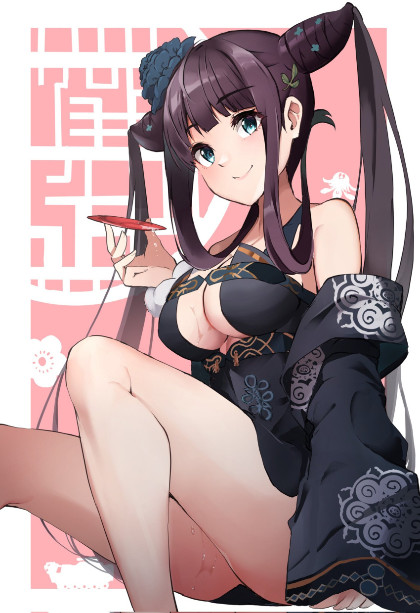 1girl alcohol bangs breasts brown_hair chinese_clothes cleavage commentary_request eyebrows_visible_through_hair fate/grand_order fate_(series) green_eyes hair_ornament highres large_breasts long_hair looking_at_viewer sake sezok sitting smile thighs twintails yang_guifei_(fate)