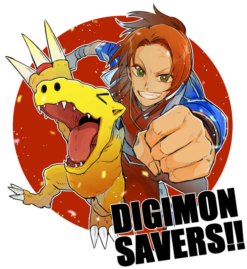 agumon anthro bandai_namco brown_hair claws digimon digimon_(species) digimon_data_squad duo fist grin hair hi_res human male mammal marcus_daimon ponytail sharp_teeth smile teeth ulcer_gag yellow_body