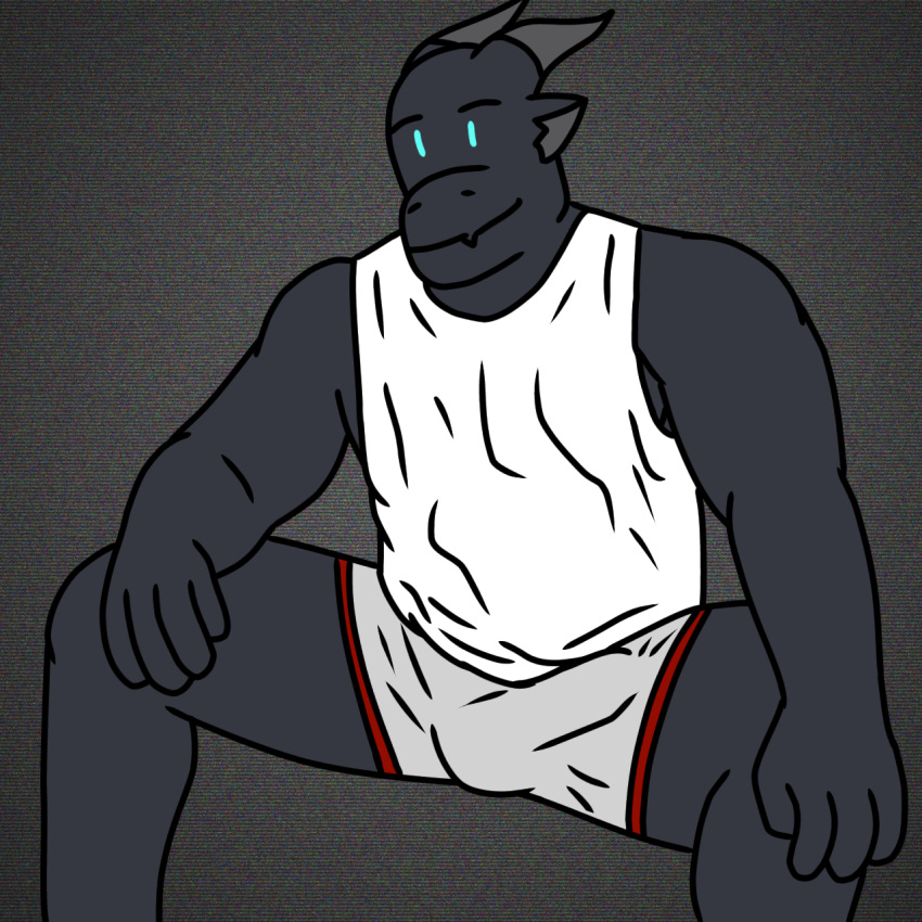 anthro black_background bulge clothing dark_body dragon drew_the_mountain erection glowing glowing_eyes hi_res horn male meme simple_background sleeveless_shirt solo underwear