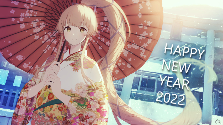 1girl 2022 absurdres closed_mouth eyebrows_visible_through_hair floral_print happy_new_year highres holding holding_umbrella japanese_clothes kantai_collection kimono long_hair long_sleeves multicolored_clothes multicolored_kimono new_year obi oil-paper_umbrella pink_hair ponytail print_kimono red_umbrella remodel_(kantai_collection) sash shanghmely smile solo umbrella very_long_hair wide_sleeves yellow_eyes yura_(kancolle)