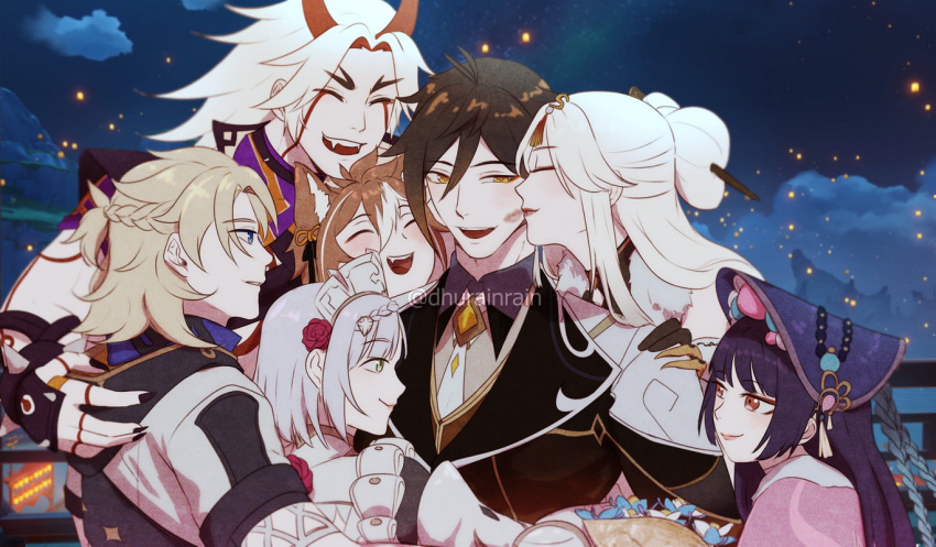 3boys 4boys albedo_(genshin_impact) animal_ears arataki_itto armor armored_dress bangs black_nails blonde_hair blue_eyes blush bouquet closed_eyes closed_mouth collarbone collared_shirt dhurain dog_ears earrings english_commentary family fangs gem genshin_impact glaze_lily gorou_(genshin_impact) gradient_hair hair_ornament hair_stick half_updo hand_on_another's_back happy holding holding_bouquet horns hug jewelry lipstick lipstick_mark long_hair long_sleeves looking_at_viewer makeup multicolored_hair multiple_boys nail_polish necktie night ningguang_(genshin_impact) noelle_(genshin_impact) oni oni_horns open_mouth railing red_eyes sharp_nails shirt short_hair sidelocks single_earring smile standing tassel tassel_earrings teeth two-tone_hair upper_body upper_teeth white_hair white_necktie wing_collar yellow_eyes yunjin_(genshin_impact) zhongli_(genshin_impact)