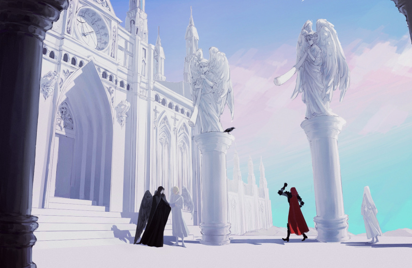 4boys adam_(lord_of_the_mysteries) amon_(lord_of_the_mysteries) angel angel_wings bird black_cloak black_hair black_robe black_wings blonde_hair cape cathedral chinese_commentary clear_sky cloak clock cloud commentary_request crow faceless faceless_male highres hood hooded_cloak instrument long_hair lord_of_the_mysteries medici_(lord_of_the_mysteries) mowuxuan772 multiple_boys ouroboros_(lord_of_the_mysteries) pillar red_cape red_hair robe sasrir_(lord_of_the_mysteries) sculpture shadow short_hair silver_hair sky trumpet walking waving white_robe wings