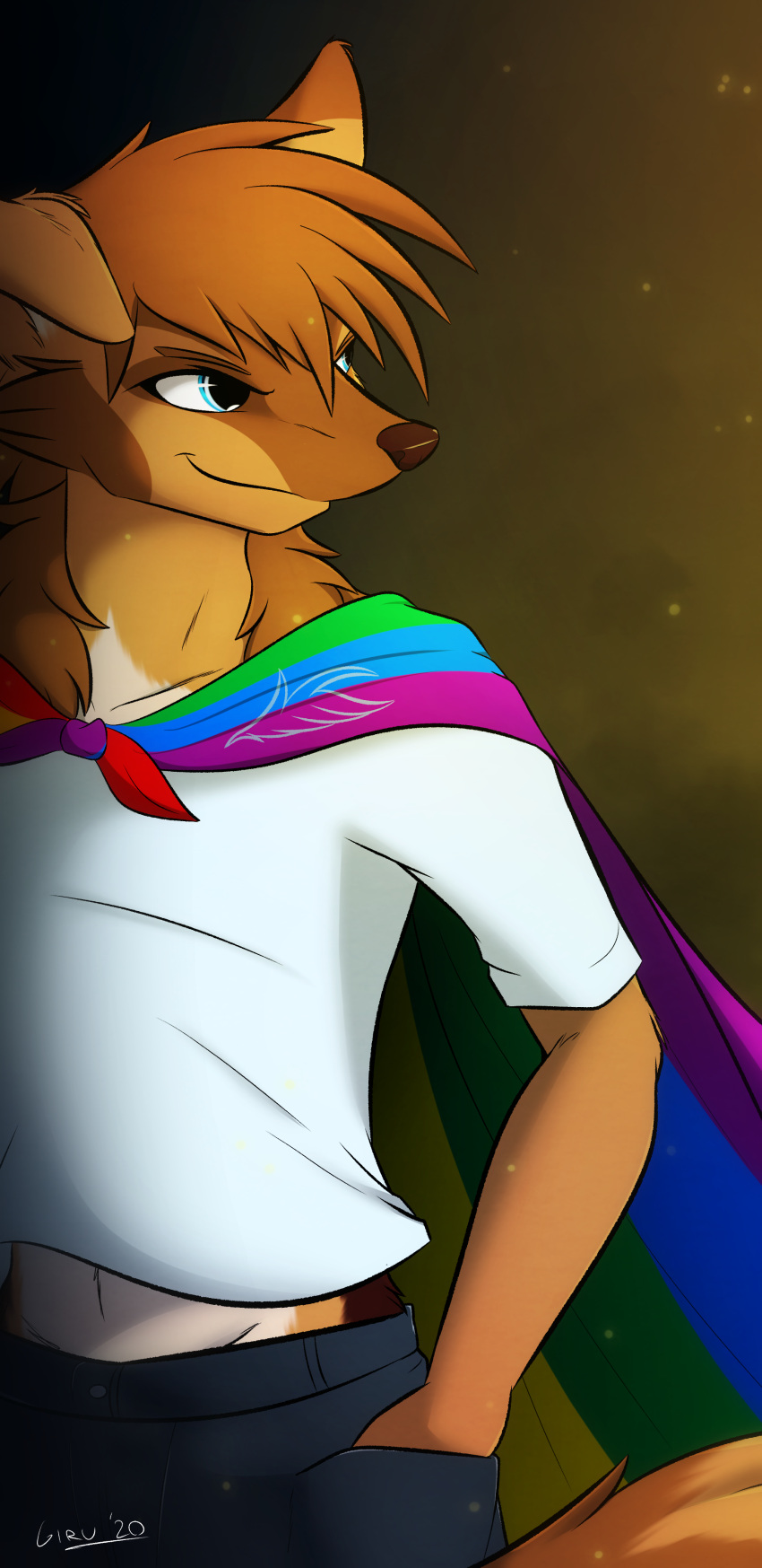 absurd_res anthro black_bottomwear black_clothing black_pants blue_eyes bottomwear brown_body brown_fur canid cape clothing floppy_ears fur giru_(artist) hands_in_pockets hi_res lgbt_pride looking_back male mammal pants pockets pride_colors rainbow_flag rainbow_pride_flag rainbow_symbol shirt solo t-shirt topwear white_clothing white_shirt white_t-shirt white_topwear zen_(gheist)